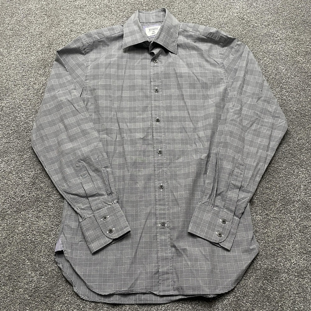 M.J. Bale Shirt Mens 38 Gray Glen Plaid Samurai Dress Button Down Long Sleeve